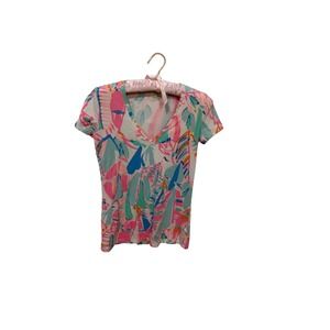 Lilly Pulitzer Womens V-Neck T-Shirt Pink Blue Abstract Tropical Print Size Xxs